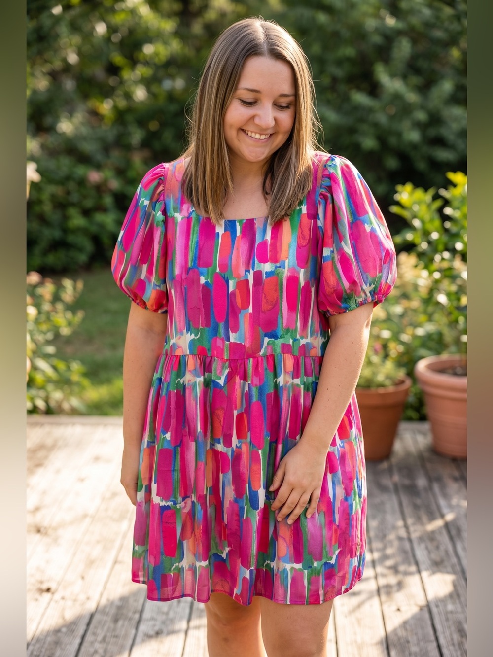 Bibi Bright Brushstroke Puff Sleeve Mini Dress - Pink Multi